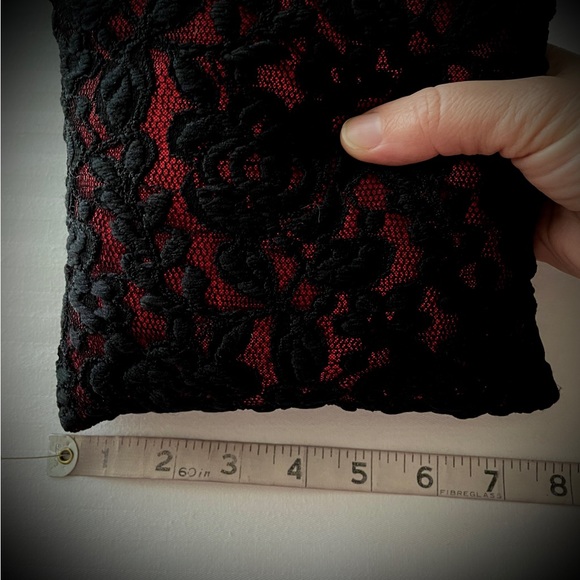 Decorative mini pillow. Gothic style. 8"x8". Black lace,  dark red sparkly base - Picture 2 of 3